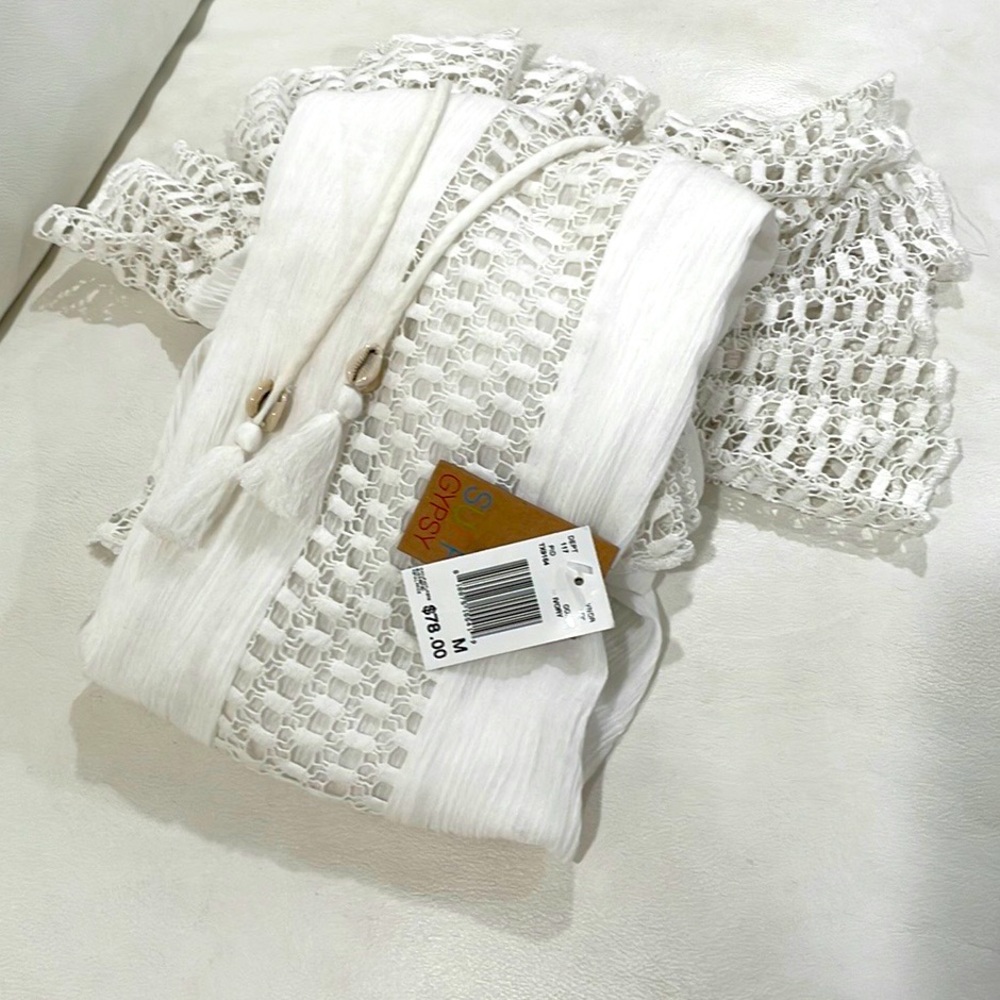 NWT Surf Gypsy crochet sleeve short sleeve cover up white cowrie tassels SHOPTAG - Picture 5 of 10